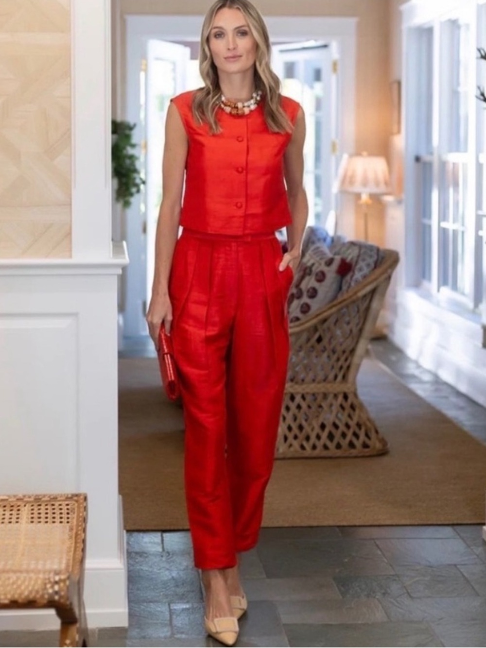 Julie Amory Red Silk Dupioni Deco Pants | 100% Silk Pants
